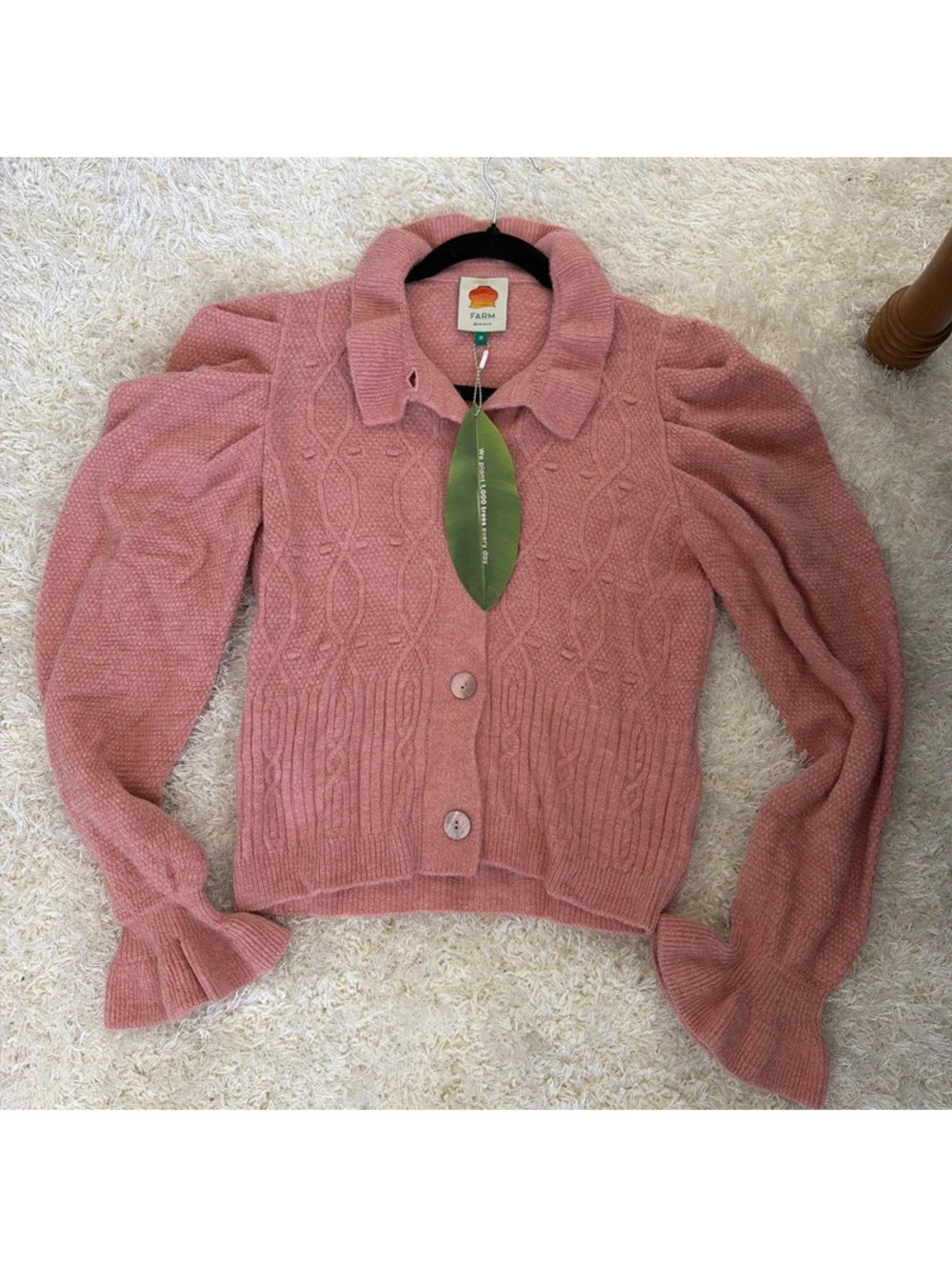 Farm Rio Pink cable knit cardigan with button up front and collar size M